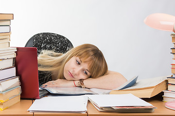 Image showing Girl student laid her head on her hand crammed with books and papers lying on the desktop