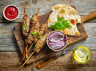 Image showing grilled minced meat skewers kebabs