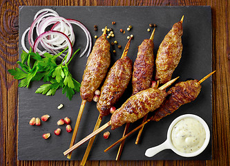 Image showing grilled minced meat skewers kebabs