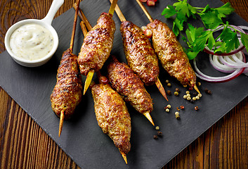 Image showing grilled minced meat skewers kebabs