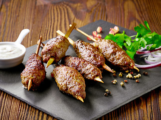 Image showing grilled minced meat skewers kebabs