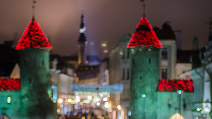 Image showing Decorated Christmas Tallinn. Abstract blurred lights background