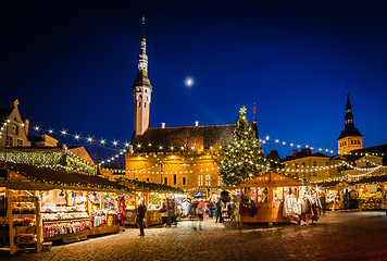 Image showing People enjoy Christmas market in Tallinn