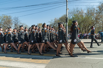 Image showing Women-cadets of police academy marching on parade