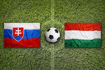 Image showing Slovakia vs. Hungary flags on soccer field