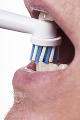 Image showing Close up of electric toothbrush and paste on white