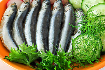 Image showing Small salted fish anchovies on the plate with cucumber and herbs