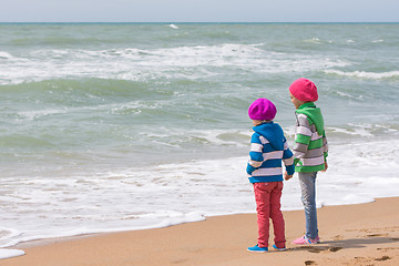 Image showing Two girls holding hands standing on the beach and looking into the distance