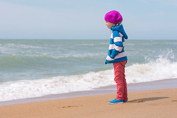 Image showing Girl standing on sea beach and looking into the distance