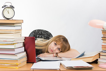 Image showing Girl student lay behind a desk crammed with books and papers