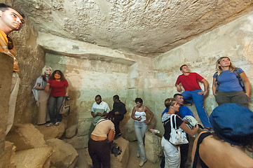 Image showing Tourists visit hall inside pyramid of Giza. Egypt