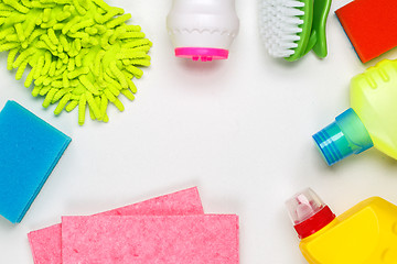 Image showing House cleaning products on white table