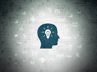 Image showing Advertising concept: Head With Light Bulb on Digital Data Paper background