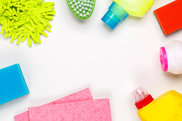 Image showing House cleaning products on white table