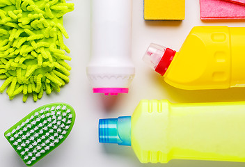 Image showing House cleaning products on white table