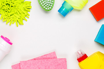 Image showing House cleaning products on white table