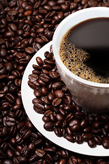 Image showing cup of coffee and coffee beans