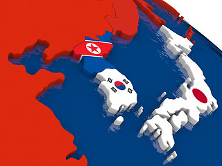 Image showing South Korean and North Korea on 3D map with flags