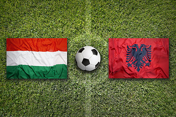 Image showing Hungary vs. Albania flags on soccer field