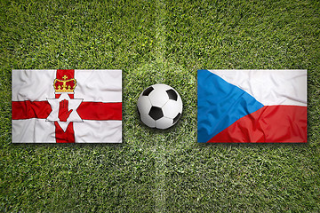 Image showing Northern Ireland vs. Czech Republic flags on soccer field