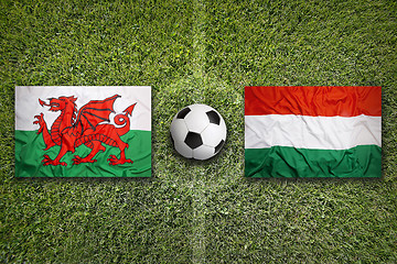 Image showing Wales vs. Hungary flags on soccer field