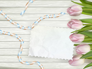 Image showing Bouquet of tulips on rustic wooden board. EPS 10