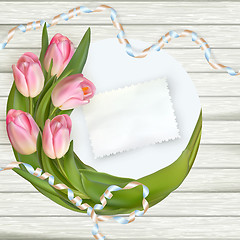 Image showing Bouquet of tulips on rustic wooden board. EPS 10