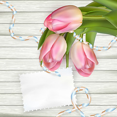 Image showing Tulip flowers on wood background. EPS 10