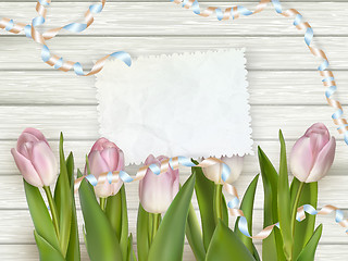 Image showing Tulip flowers on wood background. EPS 10