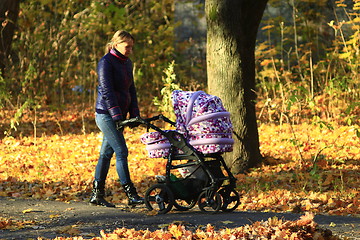 Image showing woman with baby in perambulator in the park