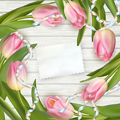 Image showing Bouquet of tulips on rustic wooden board. EPS 10
