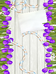 Image showing Bouquet of tulips on rustic wooden board. EPS 10