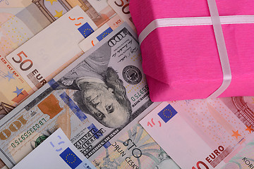 Image showing american money and red gift box, european money