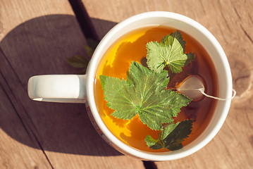 Image showing Top view of tea with currant leaf in white cup