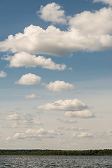 Image showing Beautiful summer lake, on  background of forest and cloudy sky