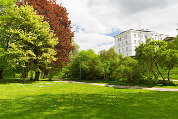 Image showing summer city park with trees and green lawn