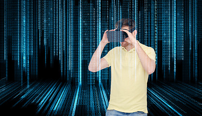 Image showing happy man in virtual reality headset or 3d glasses