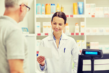 Image showing pharmacist reading prescription and senior man