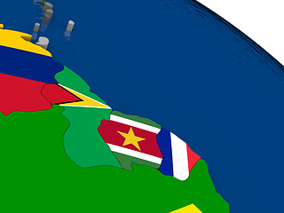 Image showing Guynea and Suriname  on 3D map with flags