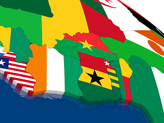 Image showing Ivory Coast, Ghana and Burkina Faso on 3D map with flags