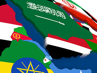 Image showing Yemen, Eritrea and Djibouti on 3D map with flags