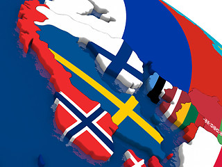 Image showing Scandinavia on 3D map with flags