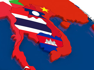 Image showing Laos and Cambodia on 3D map with flags