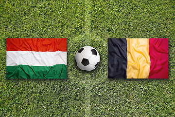 Image showing Hungary vs. Belgium flags on soccer field