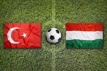 Image showing Turkey vs. Hungary flags on soccer field