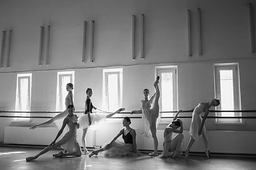 Image showing The seven ballerinas at ballet bar