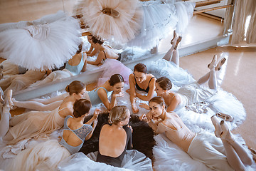 Image showing The seven ballerinas against ballet bar