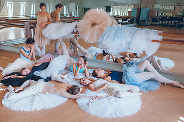 Image showing The seven ballerinas against ballet bar