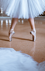 Image showing The close-up feet of young ballerina in pointe shoes