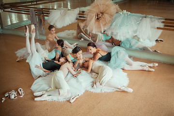 Image showing The seven ballerinas against ballet bar